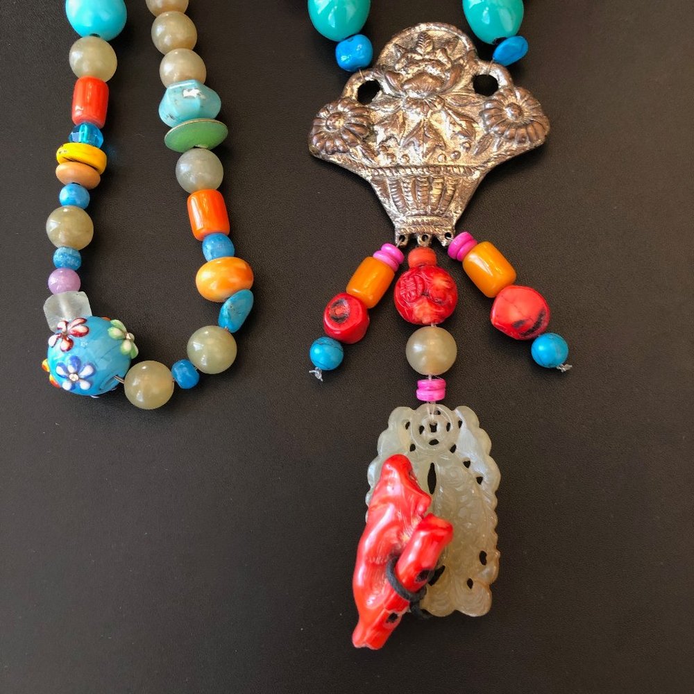 Lotus Flower Basket and Jade Fish Pendant Necklace